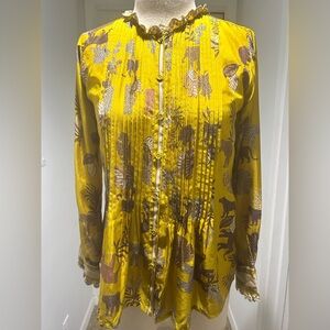 Johnny Was 100% Silk Blouse XXS Yellow Safari Animal Print Pintuck Ruffle Boho